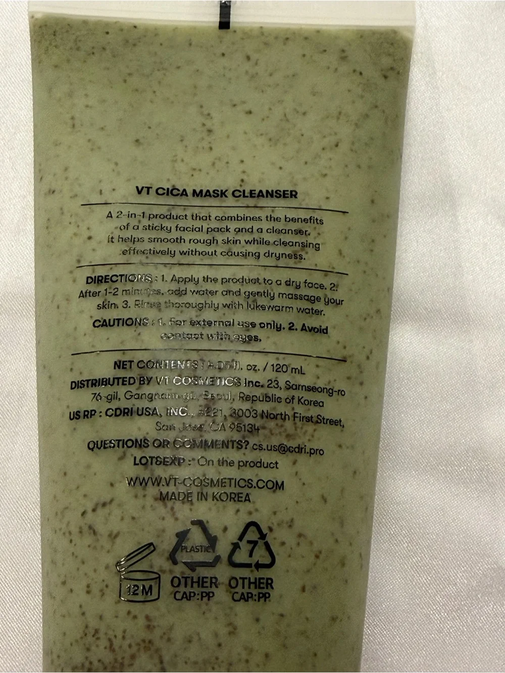 VT Cosmetics Cica Mask Cleanser 120ml Green Herb Complex Pore& Sebum Care Sealed